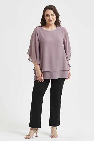 Moda Alba بلوزة شيفون كبيرة الحجم بأكمام طويلة مزينة بالورود المجففة