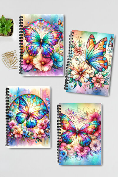 qoeuyl boutique Colorful Butterfly Design Wire Spiral A5 Unlined 4-Piece Souvenir, Memory, School Notebook Set