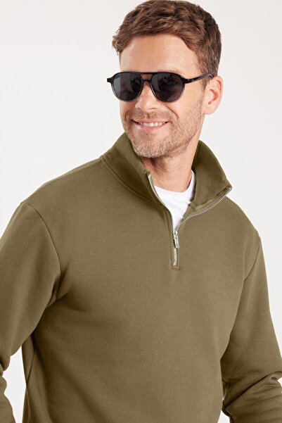 Tudors Unisex relax fit comfortable cut cotton fleece lined half zipper khaki high neck sweatshirt
