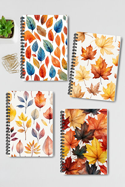 qoeuyl boutique أوراق الخريف رقم: 2 تصميم حلزوني سلكي A5 غير مسطر مجموعة من 4...