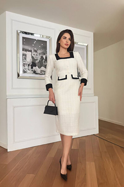 Neşeli Butik Women Button Detailed Tweed Fabric Design Dress Nbnc3042