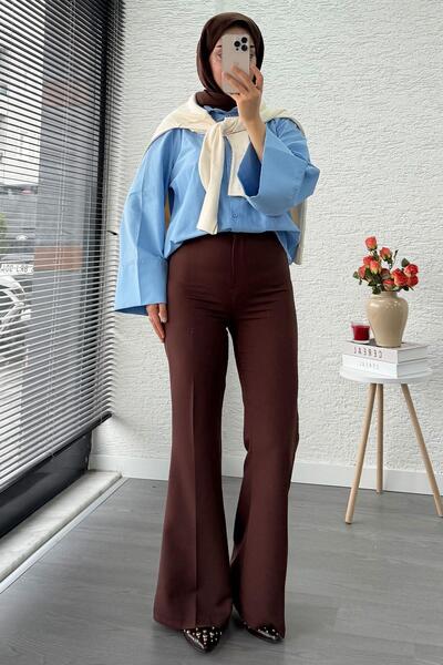 MELEK ARAZ بنطلون نسائي عالي الخصر واسع الأرجل – بني