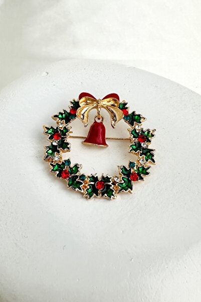 Modex Yılbaşı Özel Fiyonk Detay Renkli Taşlı Çelenk Broş (4cm)