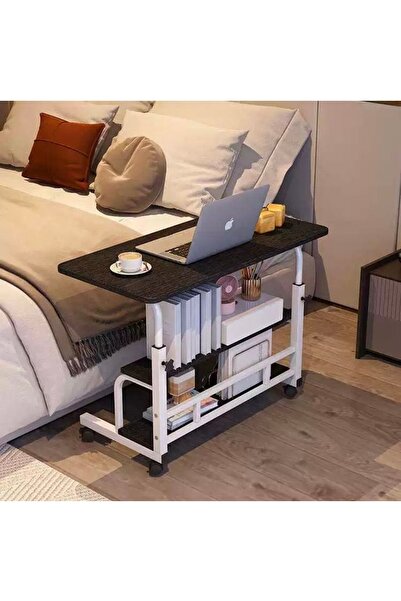 Un Table with wooden top and lower shelves, adjustable height and strong wheels 85 x 60 cm black