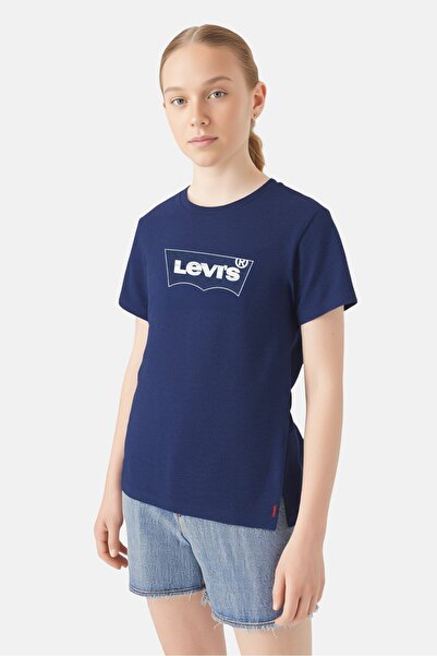 Levi's تي شيرت بناتي بأكمام قصيرة وشعار العلامة التجارية، أزرق داكن