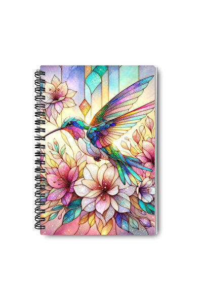 qoeuyl boutique Cute Little Bird Stained Glass Look Design Wire Spiral A5 Lined 4-Piece Souvenir, School Notebook Set