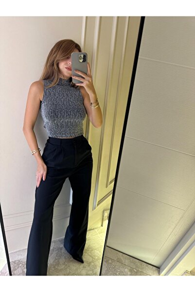 Chamakh Gri Kolsuz Simli Bluz