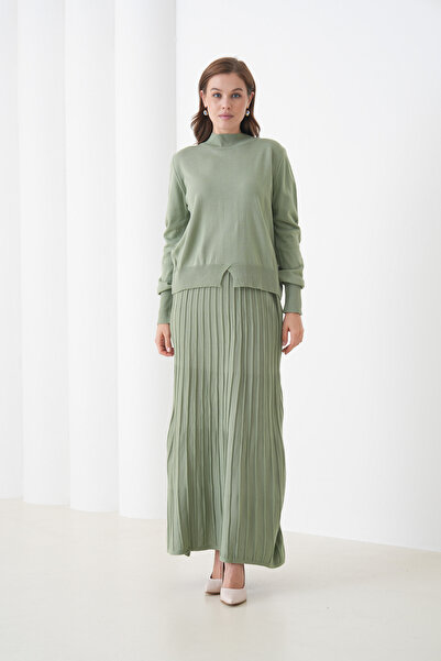 MAMAYAGA سترة نسائية بتنورة مطوية بتصميم V مناسبة للحجاب، طقم سترة وتنورة محبوكة