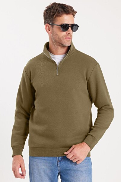 Tudors Unisex Relax Fit Rahat Kesim Pamuklu İçi Polarlı Yarım Fermuarlı Haki Dik Yaka Sweatshirt