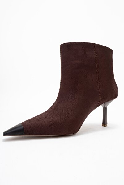 LuviShoes RASSEL Kahverengi Süet Mat Burunlu Kadın İnce Topuklu Bot