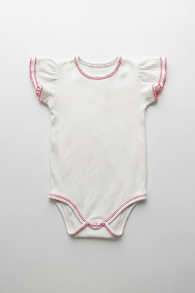Salvia Dione 100% Cotton Baby Girl Bodysuit - Cotton Half Sleeve Ribbed Bodysuit - Snap Button Bottom Decorative Stitched Baby Bodysuit