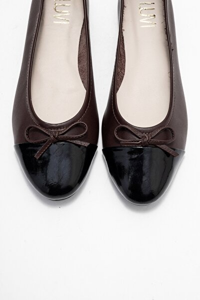 LuviShoes Jens Brown-Black Patent Leather Genuine Leather Bowknot Women's Ballerina Shoes