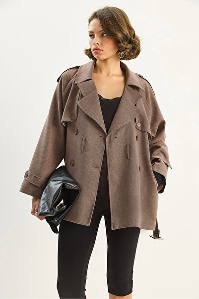 Bianco Lucci Kadın Ekose Astarlı Apolet Detaylı Kemerli Allerli Kruvaze Trençkot 0307 60283729