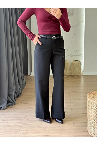 X-Young Pantaloni cu talie cu curea, picioare largi NEGRE
