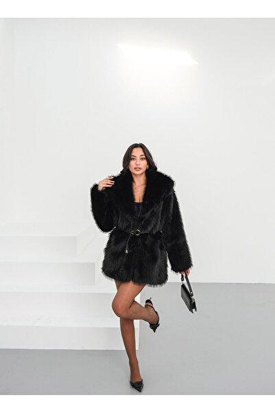 MODA Zr Kemerli Uzun Siyah Kürk Kaban