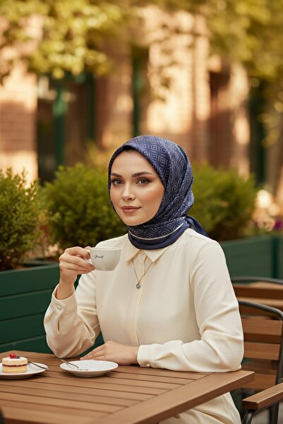 AFVENTE Μπλε βαμβακερό κασκόλ με μοτίβο διαμαντιών