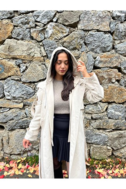 VAZIRADK Kapüşonlu Kuşak Detaylı Düğmeli Cepli Uzun Trençkot