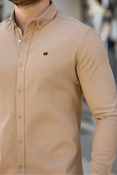 comstar Men's Basic Slim Fit Long Sleeve Beige Skinny Denim Shirt