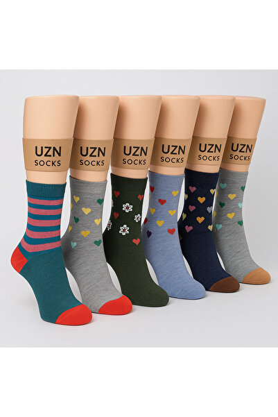 UZN SOCKS Women's Patterned Colorful Socks Set - 6 Pieces (Heart and Flower Patterned, Comfortable for Daily Use)