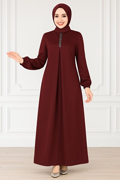 Ayşe Melek balon kollu pileli taşlı tesettür elbise 2824