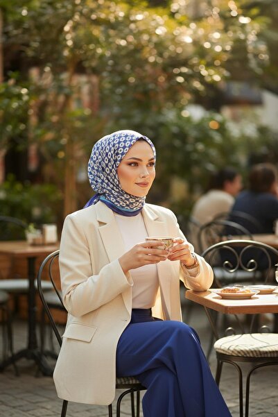 AFVENTE Iznik Texture Pattern Ice Blue Cotton Scarf