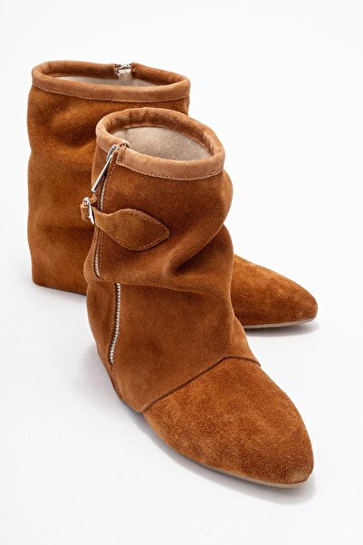 LuviShoes Γυναικείες μπότες NOAR Tan Suede από γνήσιο δέρμα με κορδόνι με φερμουάρ