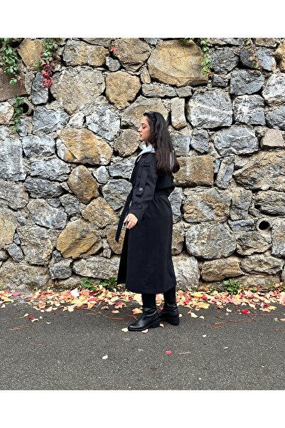 VAZIRADK Kapüşonlu Kuşak Detaylı Düğmeli Cepli Uzun Trençkot