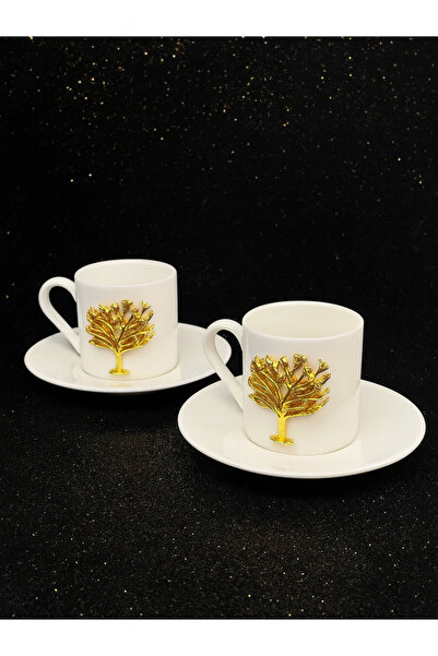 YzHome 2-Person White Porcelain Tree of Life Coffee Cup Set Presentation Cup 90ml