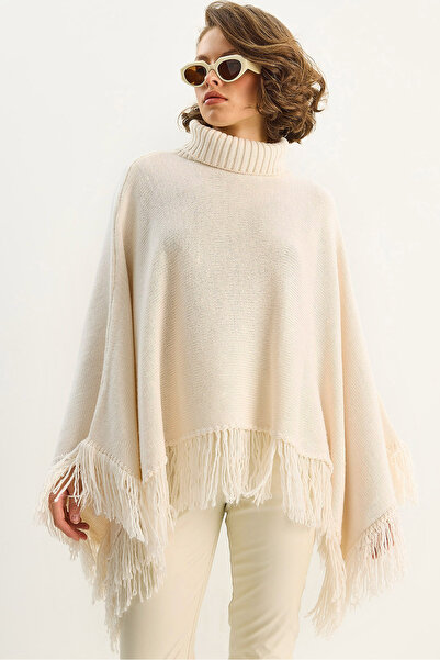 Bianco Lucci Women's High-Necked Tasseled Knitwear Poncho Tp251007 60283722