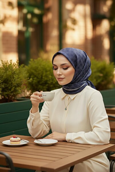 AFVENTE Μπλε βαμβακερό κασκόλ με μοτίβο διαμαντιών