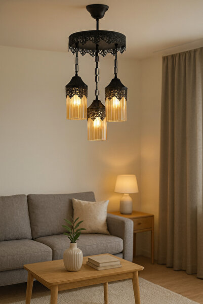 Uçar Otantik Osmanlı Modern Tasarım Yatak Odası Salon Mutfak Otel Cafe Siyah Renk Camlı 3 lü Avize