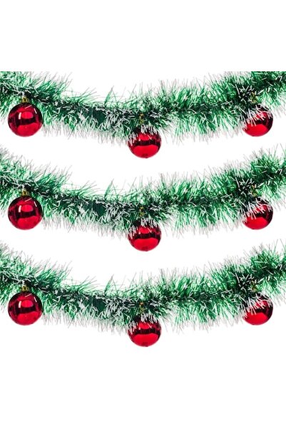 OEM Christmas Tinsel Jumbo with 12 Hanging Red Baubles, Green & White, 2.1 m x 10 cm, Plastic