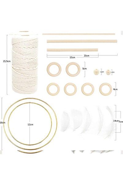 LLGLEU Macrame Craft Set with Rings and Beads, approx. 80 pieces, cotton/wood/feathers, beige/natura