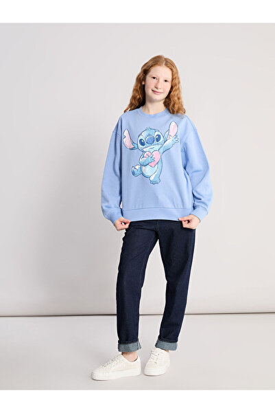 LC Waikiki Blue Crew Neck Stitch Printed Girl's Sweatshirt