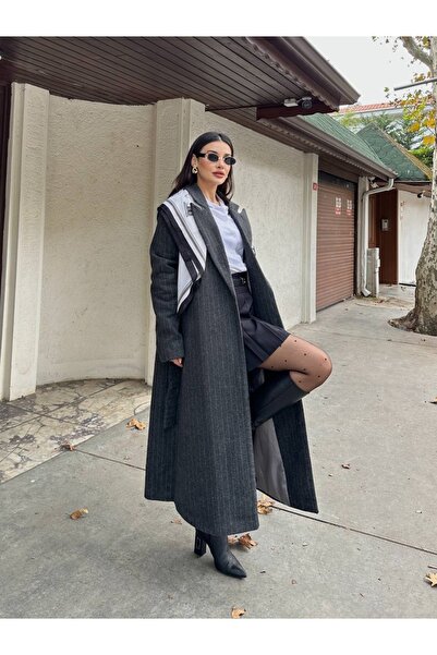 manana fashion Striped Belted Double-Breasted Long Cashmere Coat