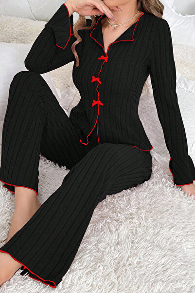 Imoda Women's Black Red Piped and Bow Long Sleeve Transitional Pajama Set