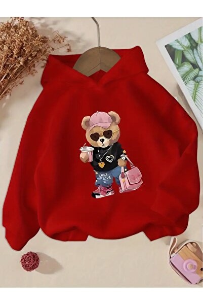 H&GHAMLEGİYİM Hanorac roz cu glugă pentru fete, cu imprimeu cu ursuleț și inimă