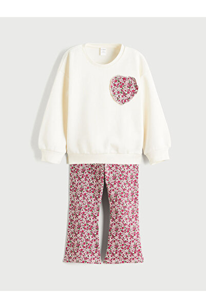 LC Waikiki Lcw Kids Ecru Crew Neck Floral Girls' Sweatshirt and Leggings Pants 2-Piece Set