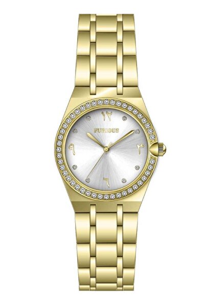 Furious Jewelry Gold Arabic Dial Diamond Bezel Watch