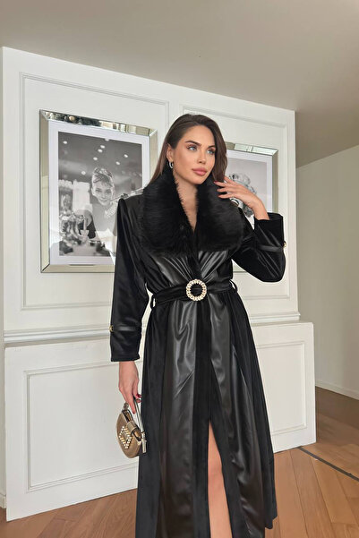 Neşeli Butik Дамско кадифено палто с колан на ръкава и специален дизайн NBNC2...