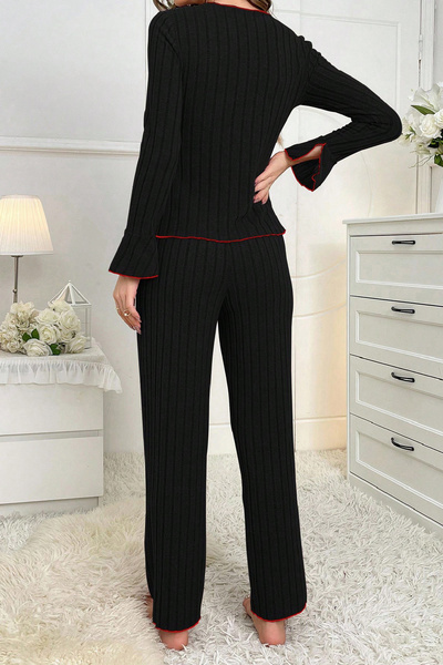 Imoda Women's Black Red Piped and Bow Long Sleeve Transitional Pajama Set