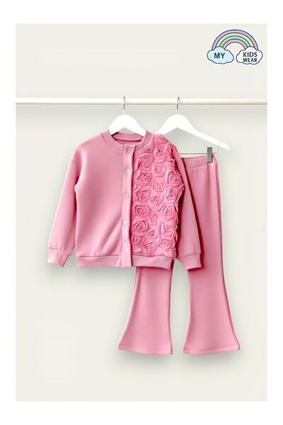 LC Waikiki Kız Çocuk Tül Gül Aplikeli Triko Hırka İkili 3-10 Yaş 12211