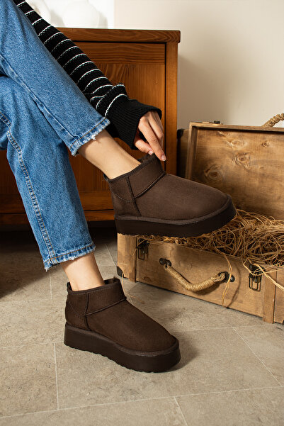 BERFONA AYA KAHVERENGİ SÜET İÇİ KÜRKLÜ 3 CM TABAN MİNİ BOT