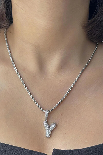 MODA قلادة على شكل حرف Y مزينة بحجر فضي اللون