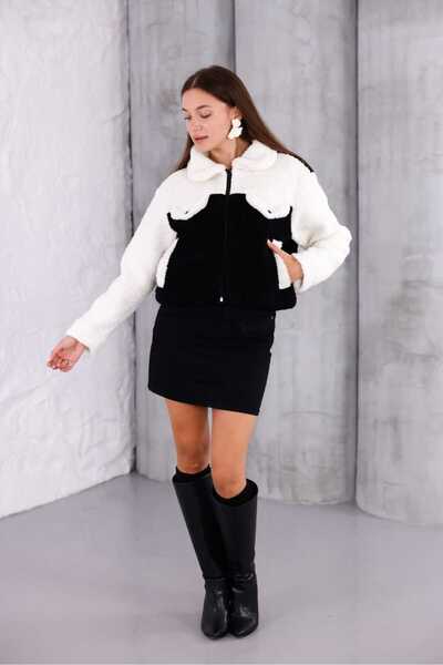 PENGORA Trend Women's Cream Brown Plush Jacket |   Winter Crop Short Zippered High Collar Coat
