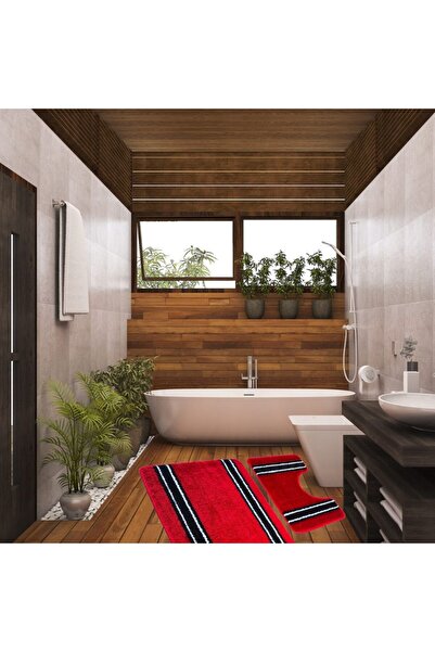 Kotonia Home Set of 2 bath mats anti-slip membrane, 100% synthetic fibers, red, 50×40 cm, 50×80 cm, Sandy Ros