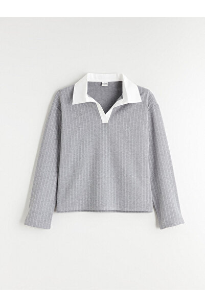 LC Waikiki Lcw Kids Gray Polo Neck Striped Girls' Sweatshirt and Leggings