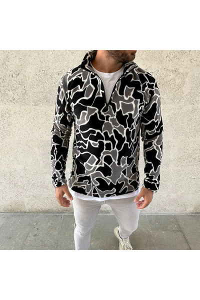 MODA Men's Half Zipper Patterned Fleece Sweat Collar, Long Sleeve, Oversized Comfortable Fit - Black