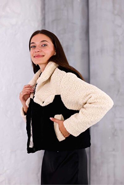 PENGORA Trend Women's Cream Brown Plush Jacket |   Winter Crop Short Zippered High Collar Coat