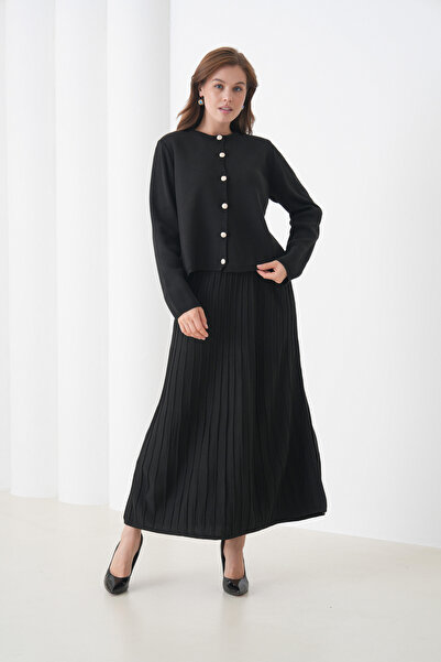 MAMAYAGA سترة نسائية بتنورة مطوية مناسبة للحجاب مع أزرار وسترة محبوكة مع تنورة